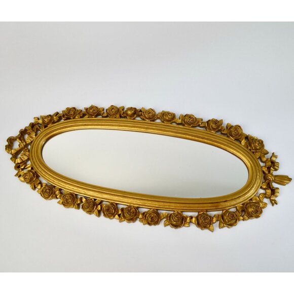 1970 Dart IND Vintage Gold Oval Rose Mirror Syroco ? Hollywood Regency - Picture 8 of 10